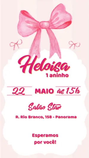 Convite de Aniversário Laço Rosa Aquarela Editável