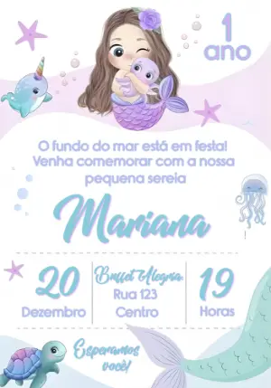 Convite Digital Aniversário Sereia Fofa Modelo Editável