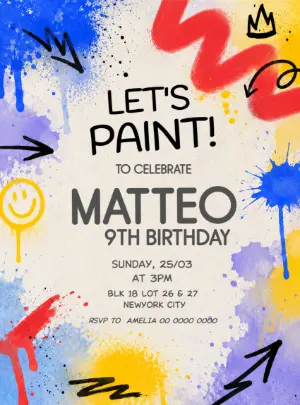 Editable Art Party Birthday Invitation | Paint & Graffiti Template