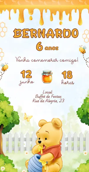 Convite de Aniversário Ursinho Pooh com Mel Editável