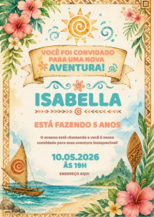 Convite de Aniversário Moana Aquarela para Editar