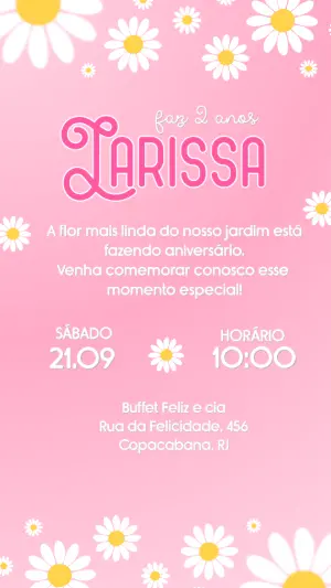 Convite de Aniversário Infantil Margaridas Rosa Editável