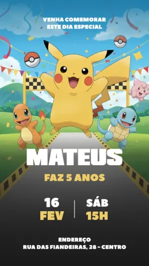 Convite de Aniversário Pokémon com Pikachu para Editar