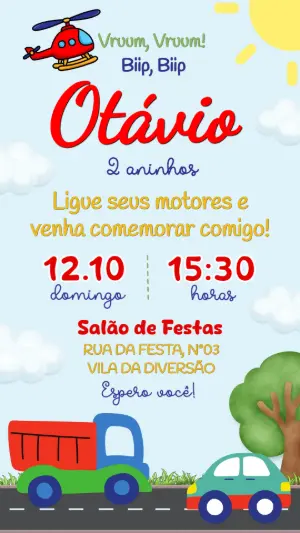Convite de Aniversário Infantil Carros e Transportes Editável