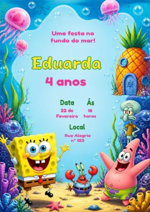 Convite de Aniversário Bob Esponja e Turma para Editar Online