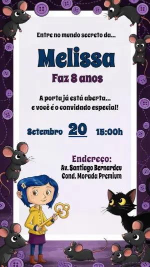 Convite de Aniversário Coraline Misterioso para Editar Online