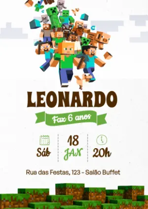 Convite de Aniversário Minecraft com Personagens para Editar