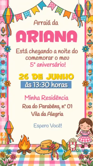 Convite de Aniversário Festa Junina Infantil Colorido para Editar