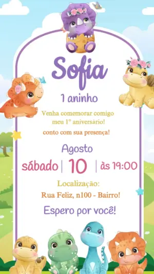Convite Aniversário Dino Baby Menina para Editar Online