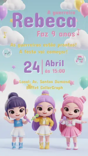 Convite Digital Aniversário Infantil Tema Guerreiras do K-pop