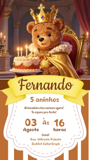 Convite de Aniversário Urso Rei Fofo para Editar