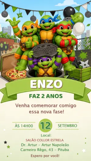 Convite de Aniversário Tartarugas Ninja Editável