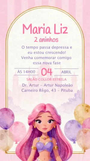 Convite de Aniversário Princesa Rosa Aquarela para Editar