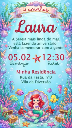 Convite de Aniversário Pequena Sereia Fundo do Mar Editável