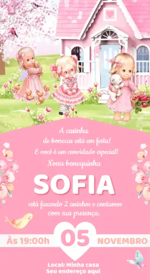 Convite de Aniversário Casinha de Bonecas Rosa para Editar
