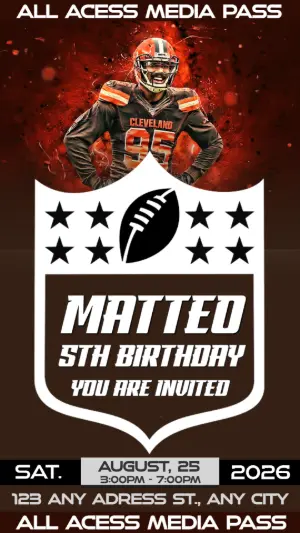 Editable Football Media Pass Birthday Invitation Myles Garrett