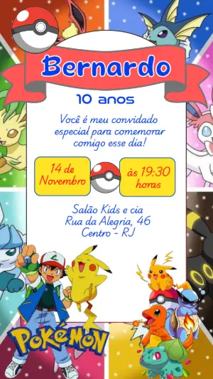 Convite de Aniversário Pokémon com Ash e Pikachu para Editar