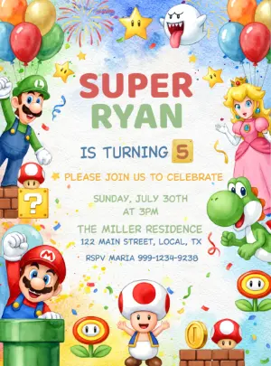 Super Mario Birthday Invitation | Colorful Editable Template