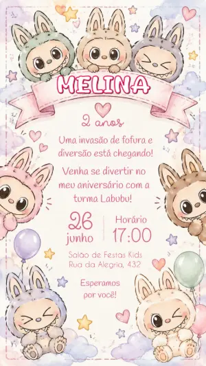 Convite de Aniversário Labubu para Menina | Modelo Editável
