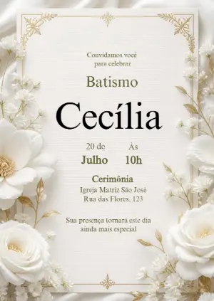 Convite de Batismo Floral Dourado e Branco para Editar