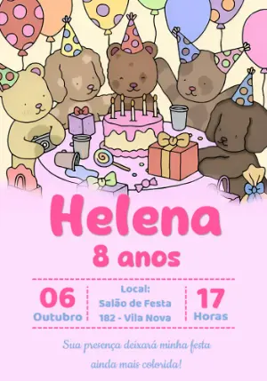 Convite Aniversário Ursinhos Fofos para Editar e Imprimir