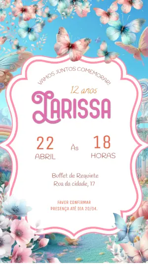Convite de Aniversário Borboletas Aquarela para Editar