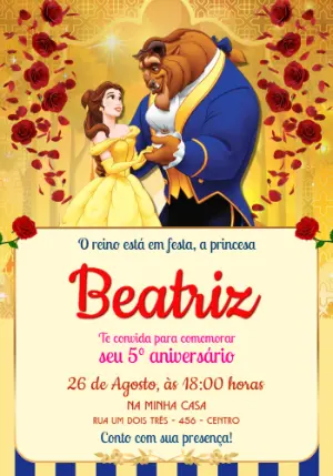 Convite de Aniversário A Bela e a Fera Dourado para Editar