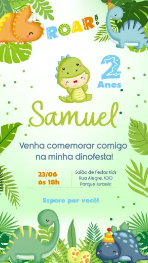 Convite de Aniversário Dinossauros Fofos para Editar Online