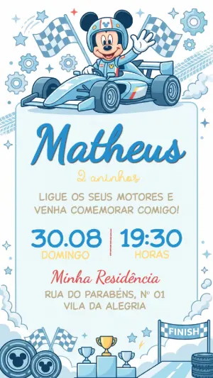Convite de Aniversário Mickey Corrida Azul para Editar