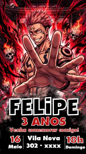 Convite de Aniversário Jujutsu Kaisen Editável