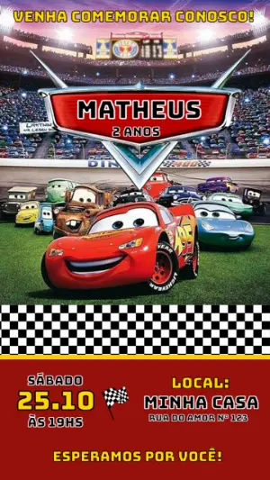 Convite de Aniversário Carros Disney Editável Online