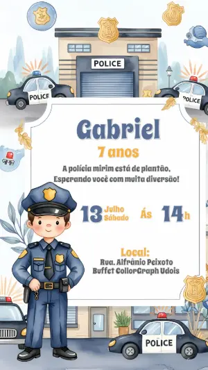 Convite de Aniversário Policial Infantil para Editar Online
