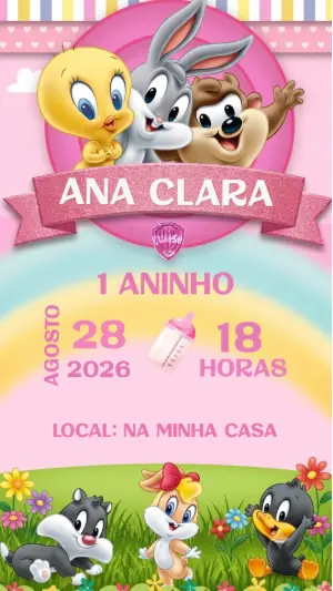 Convite de Aniversário Baby Looney Tunes Rosa Editável