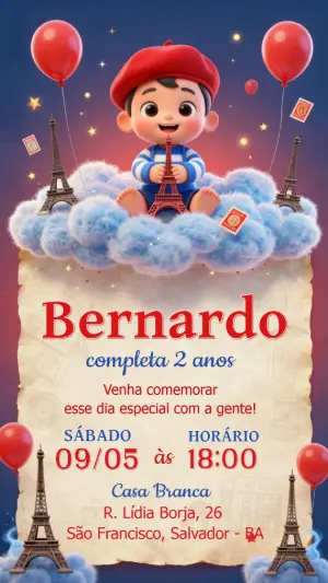 Convite de Aniversário Infantil Tema Paris Editável