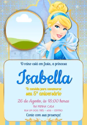 Convite de Aniversário Cinderela Azul e Dourado para Editar