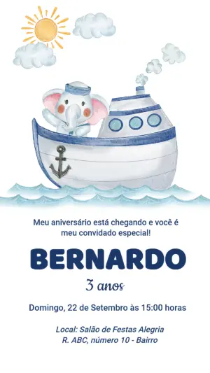 Convite Animado Aniversário Elefantinho Marinheiro para Editar