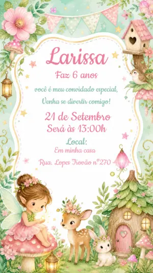 Convite Aniversário Fada no Bosque Encantado Editável