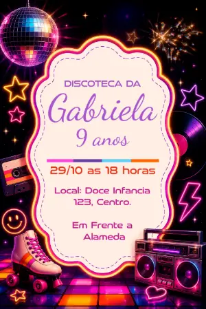 Convite de Aniversário Disco Neon | Baladinha Retrô Editável