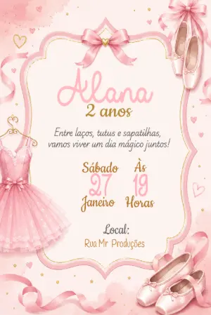 Convite de Aniversário Bailarina Rosa Aquarela Editável
