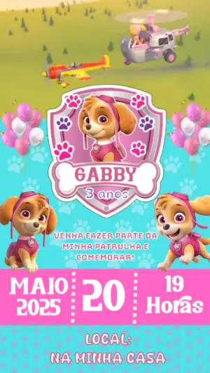 Convite Animado Aniversário Skye Patrulha Canina para Editar