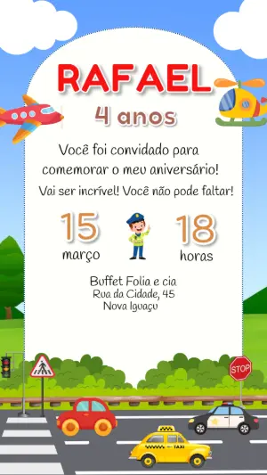 Convite de Aniversário Meios de Transporte para Editar Online