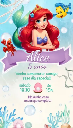 Convite de Aniversário da Ariel no Fundo do Mar para Editar