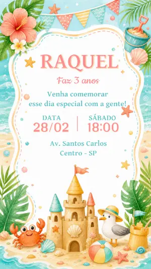 Convite de Aniversário Infantil Festa na Praia Aquarela Editável