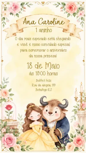 Convite de Aniversário A Bela e a Fera Aquarela Editável
