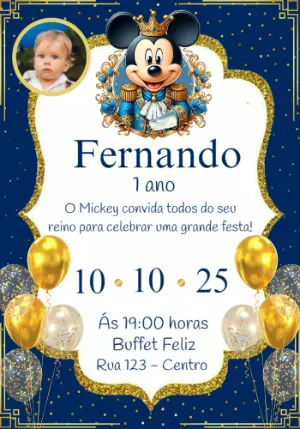 Convite Aniversário Mickey Realeza com Foto para Editar Online