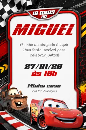 Convite de Aniversário Carros Relâmpago Mcqueen Vermelho para Editar