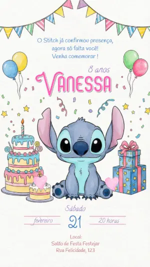 Convite de Aniversário Stitch Aquarela Fofo para Editar