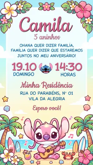 Convite de Aniversário Angel e Stitch Tropical Editável