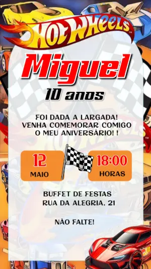 Convite de Aniversário Hot Wheels com Carros para Editar