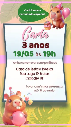 Convite de Aniversário Capivara Fofa Modelo Editável